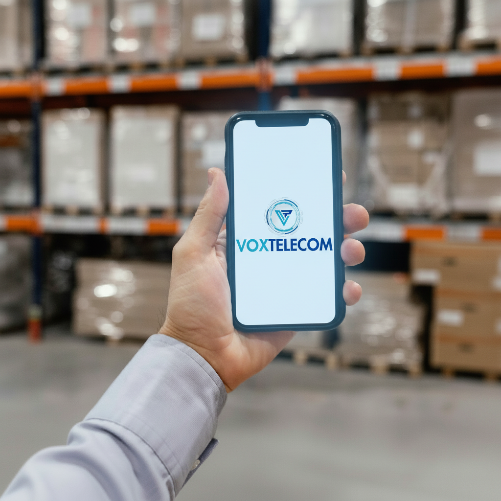 Profesional de bodega usando la app VoxTelecom en su smartphone